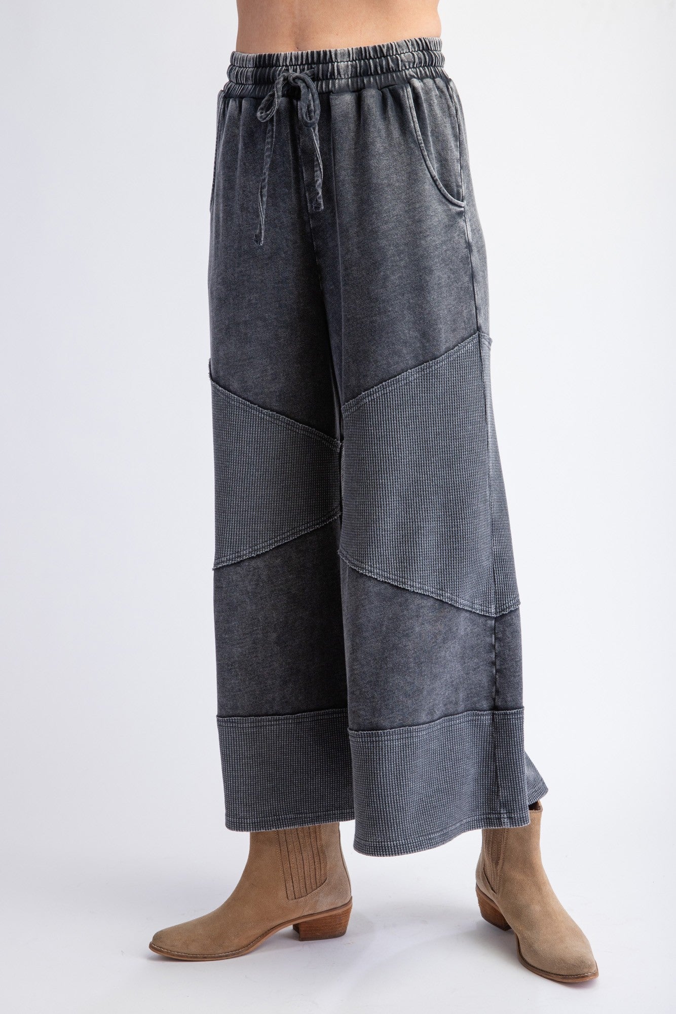 Wide Leg Two Tone Waffle Knit Palazzo Pants in Charcoal