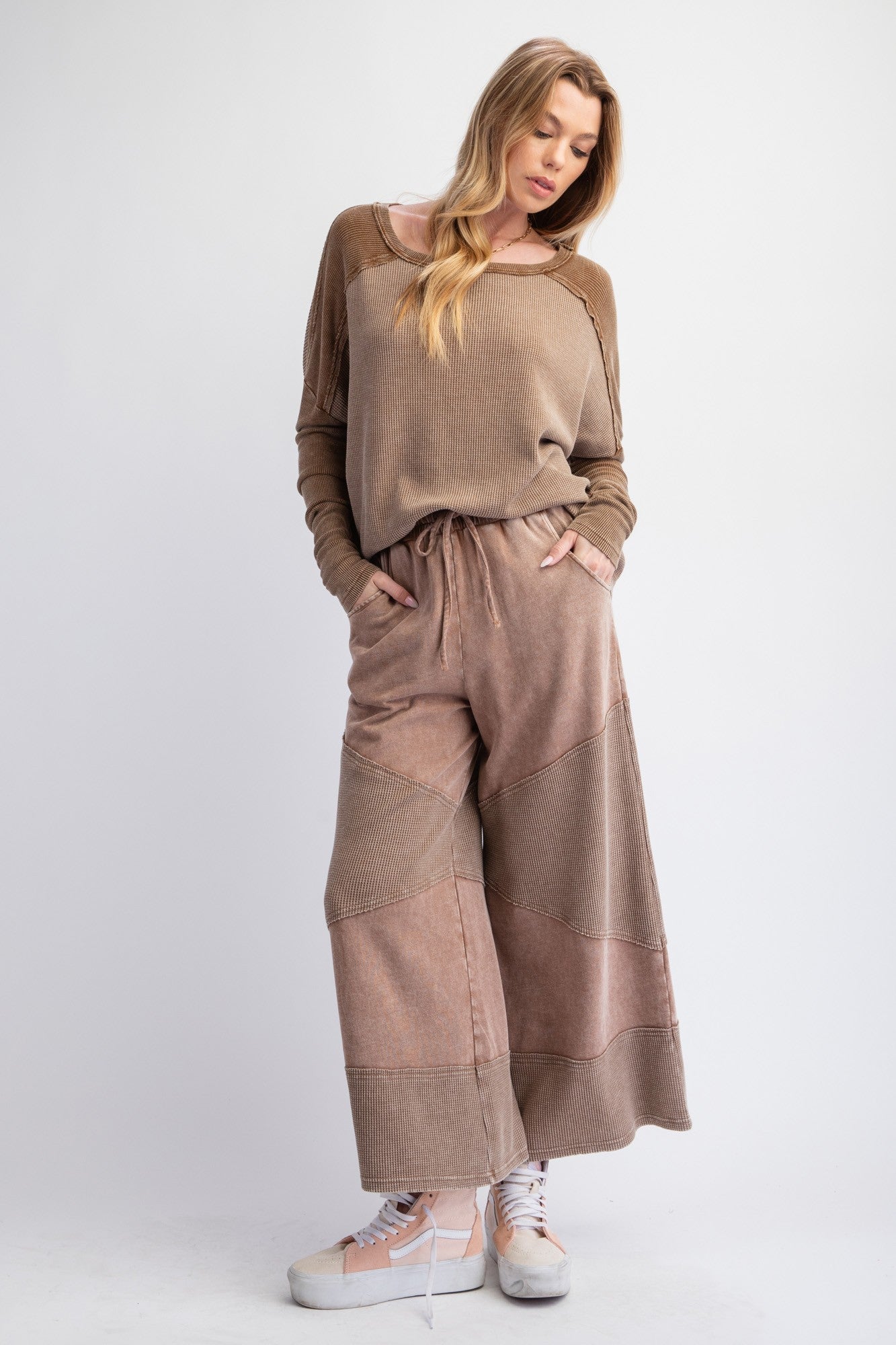 Wide Leg Two Tone Waffle Knit Palazzo Pants in Cocoa