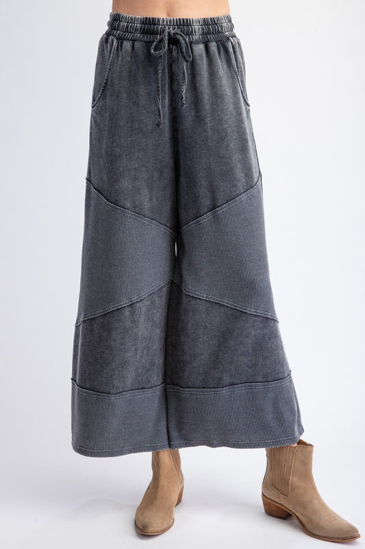 Wide Leg Two Tone Waffle Knit Palazzo Pants in Charcoal