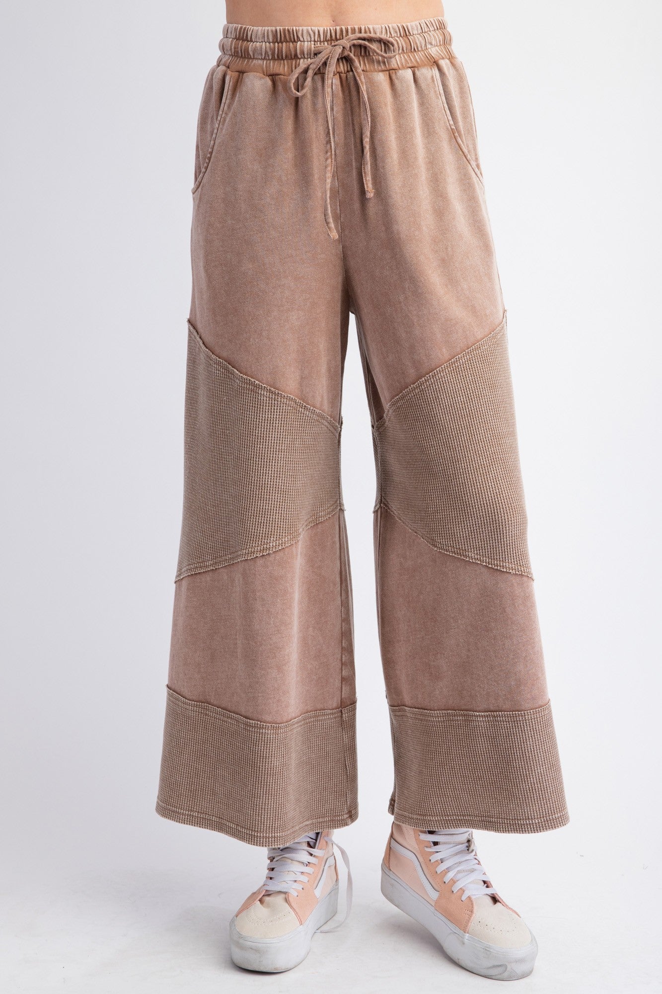 Wide Leg Two Tone Waffle Knit Palazzo Pants in Cocoa