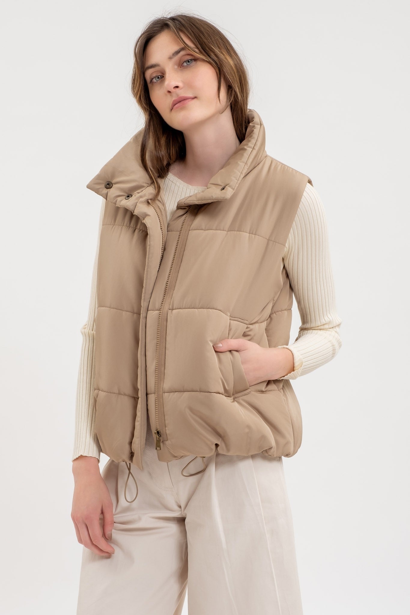 Solid Zip Up Puff Vest in Tan