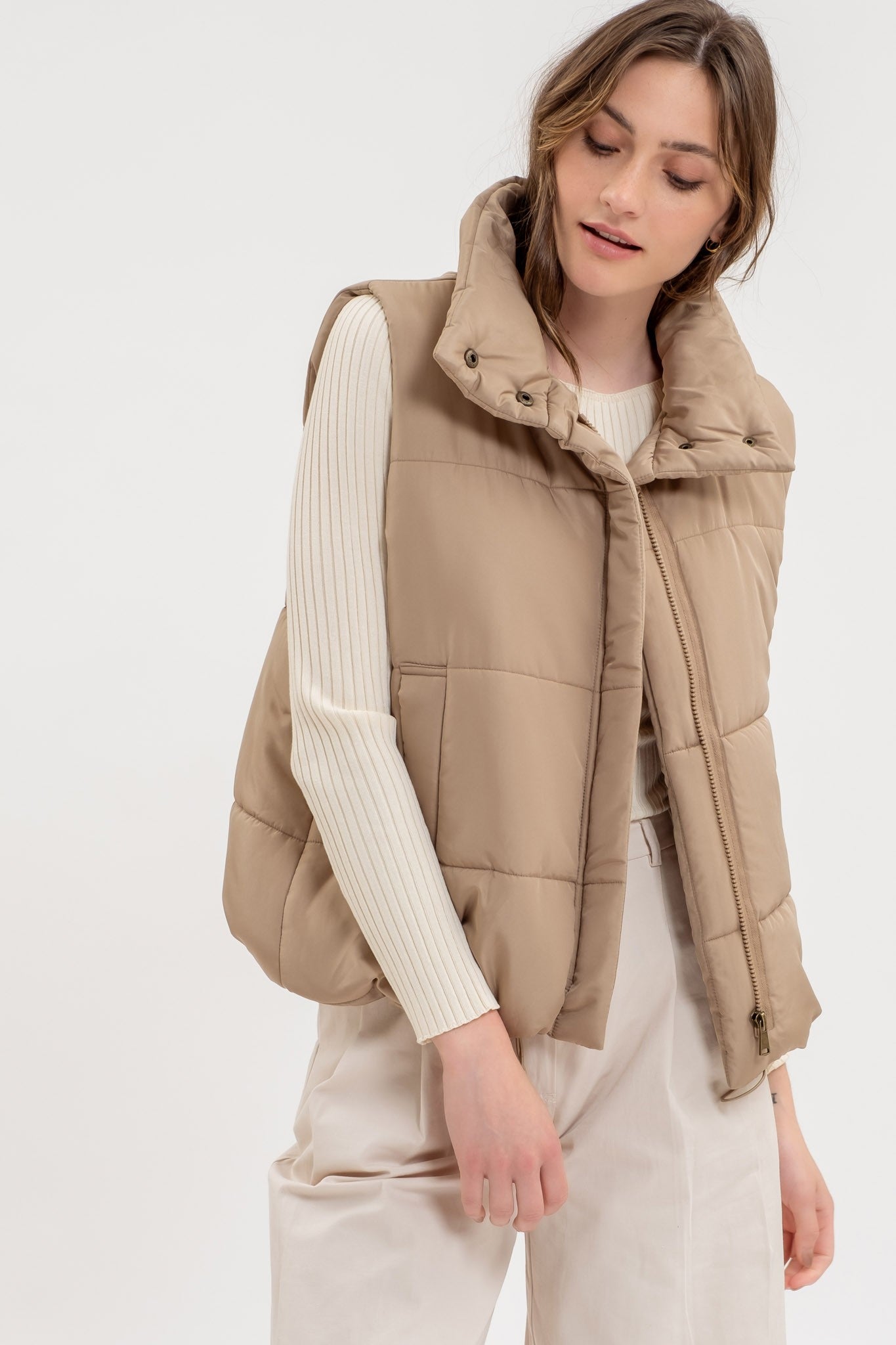 Solid Zip Up Puff Vest in Tan