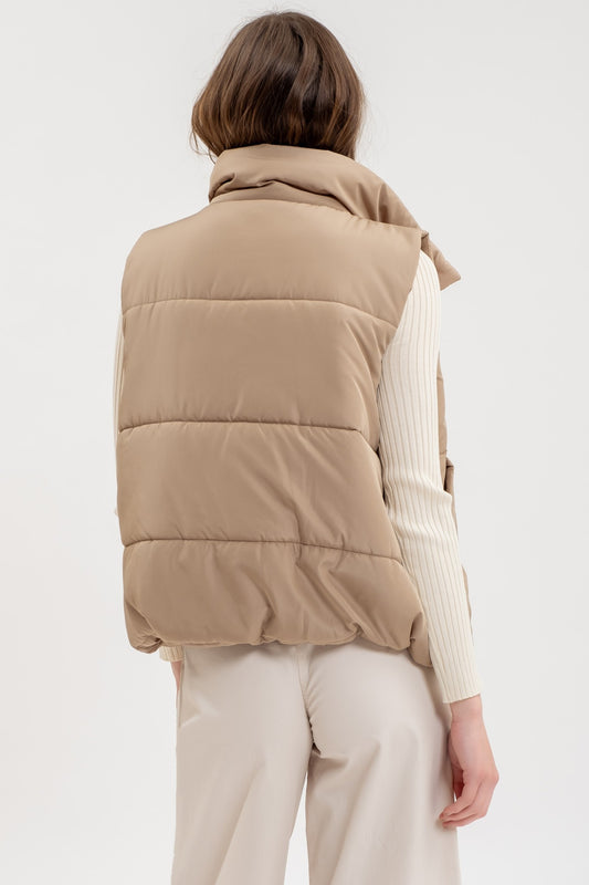 Solid Zip Up Puff Vest in Tan