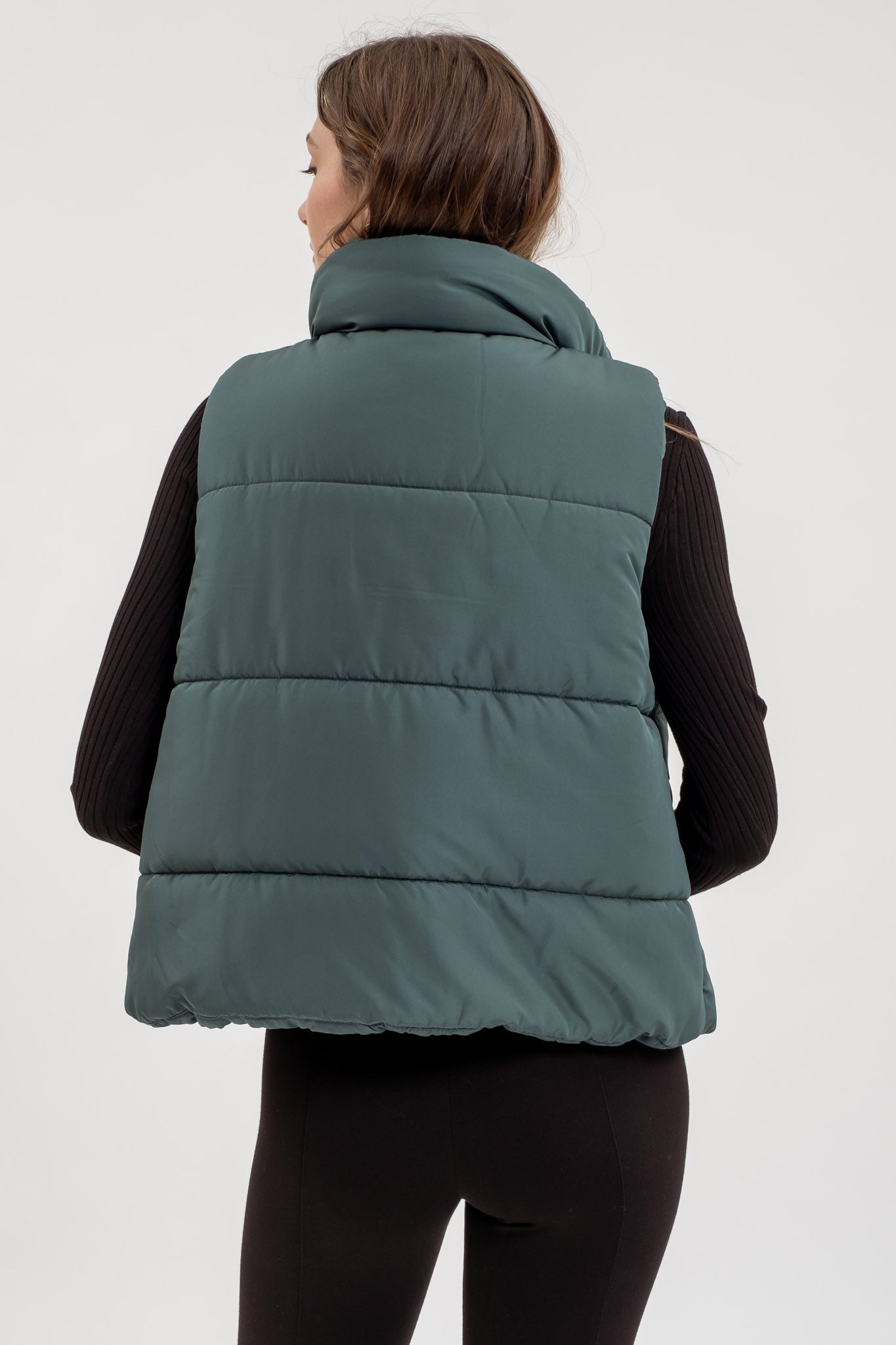 Solid Zip Up Puff Vest in Pine