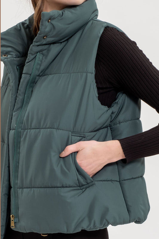 Solid Zip Up Puff Vest in Pine