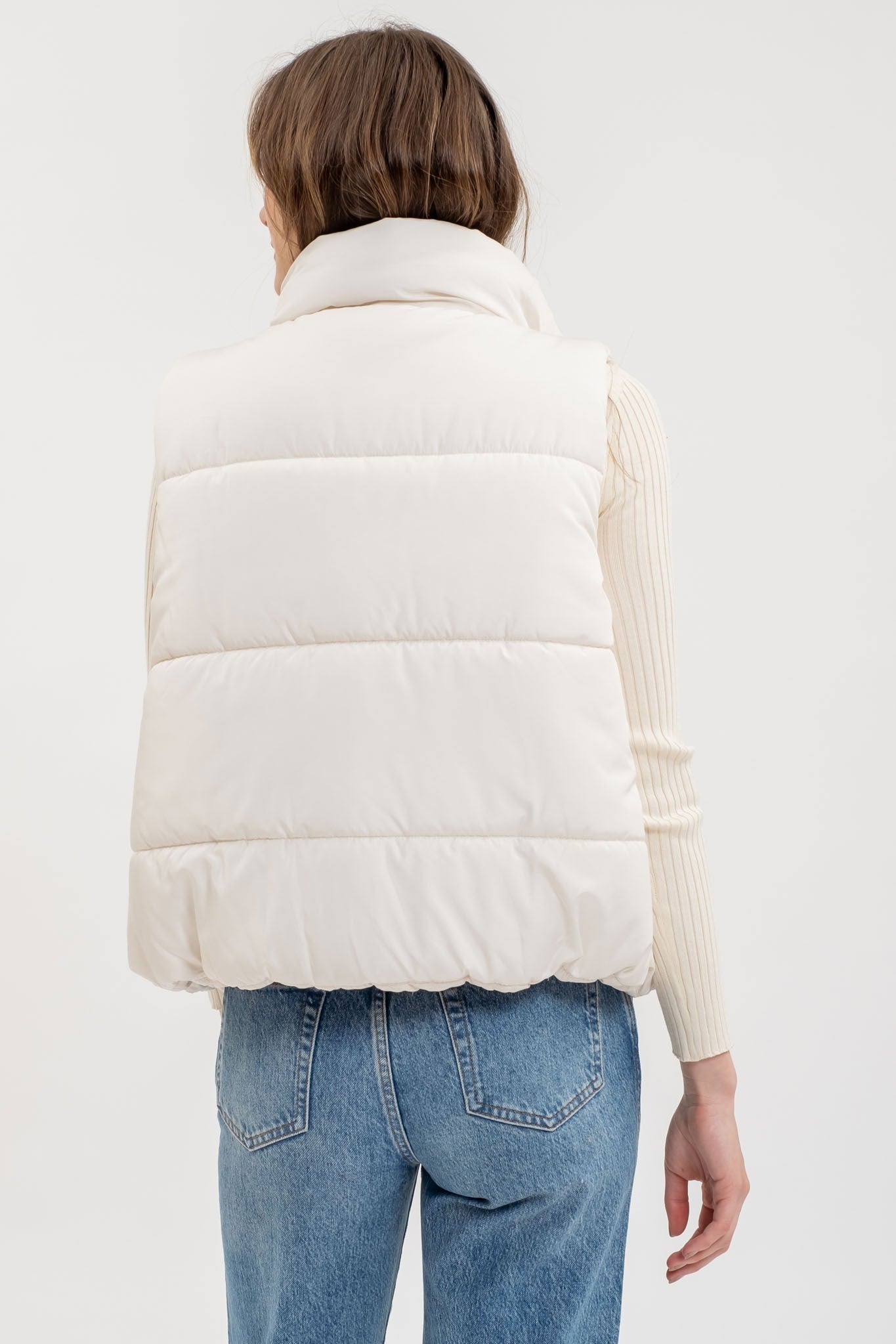 Solid Zip Up Puff Vest in Ivory