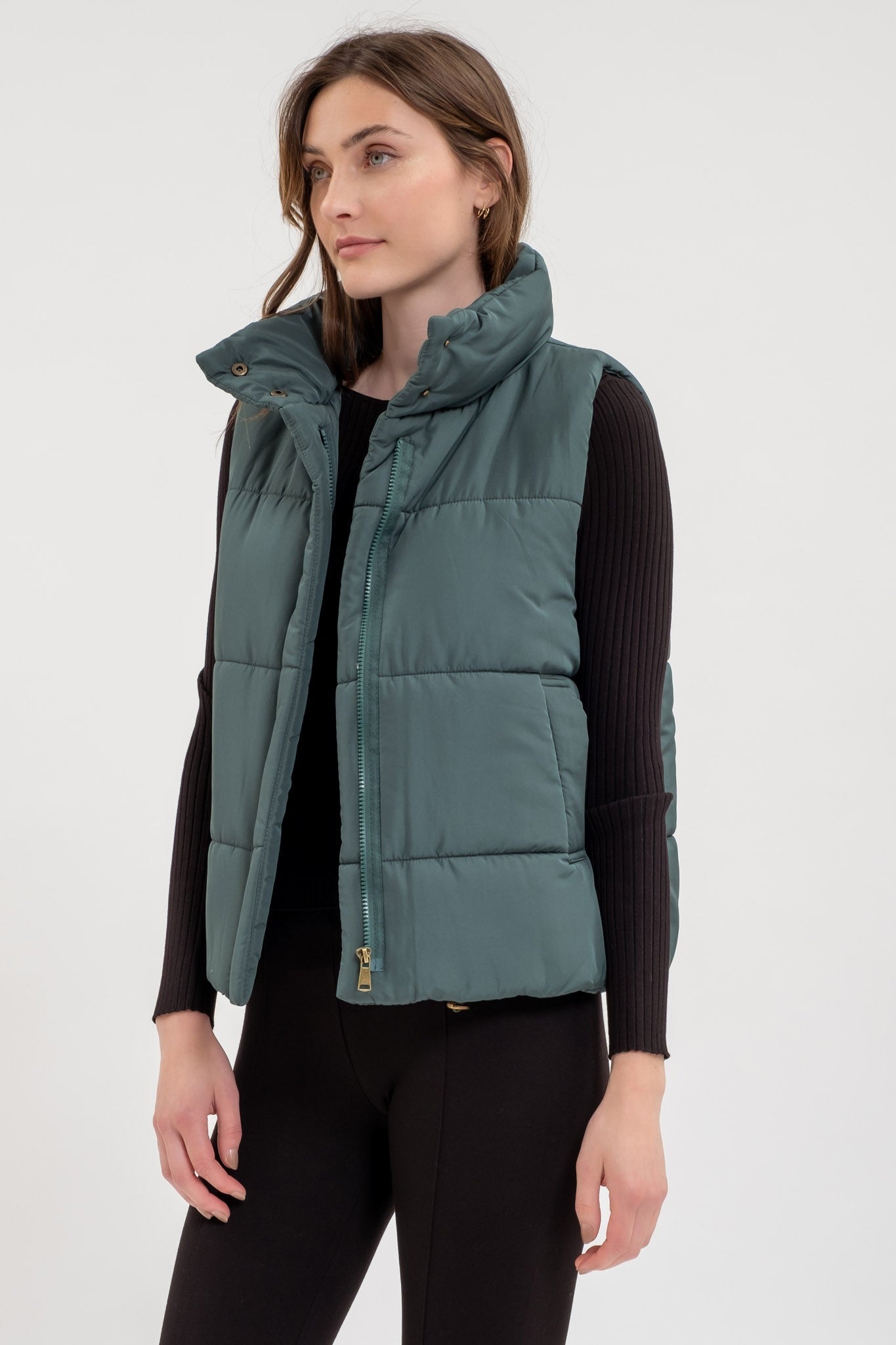 Solid Zip Up Puff Vest in Pine