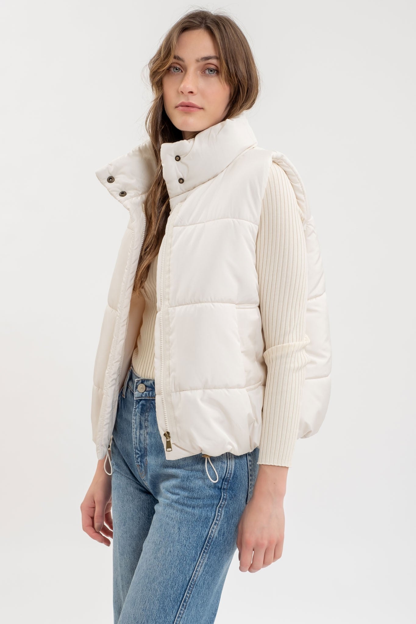 Solid Zip Up Puff Vest in Ivory