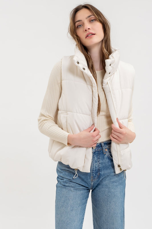 Solid Zip Up Puff Vest in Ivory