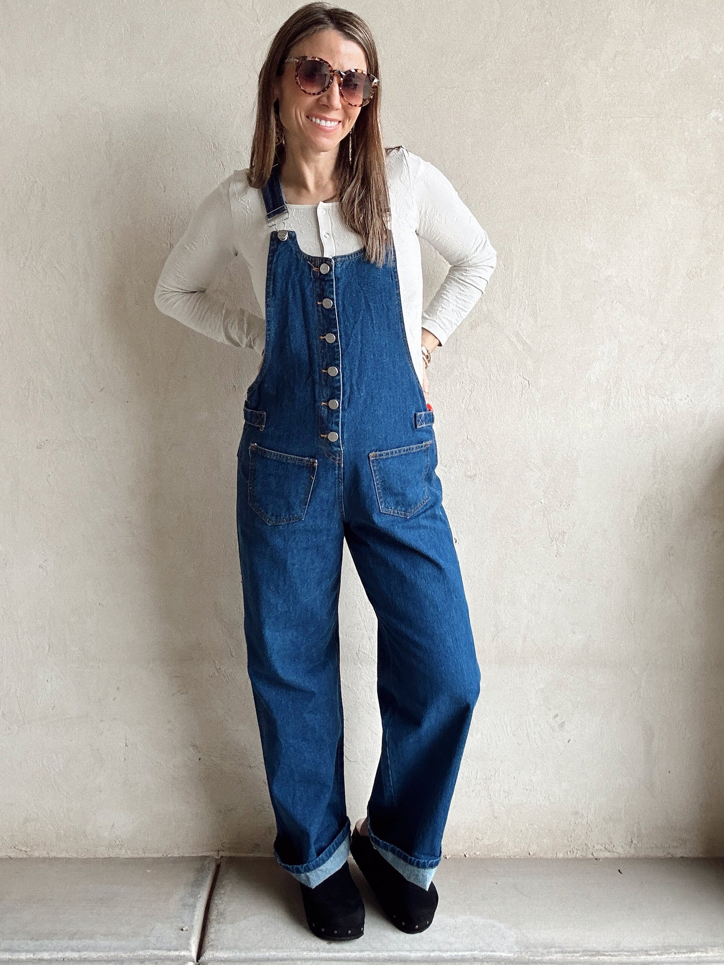 Kitney Button Down Overalls in Dark Wash