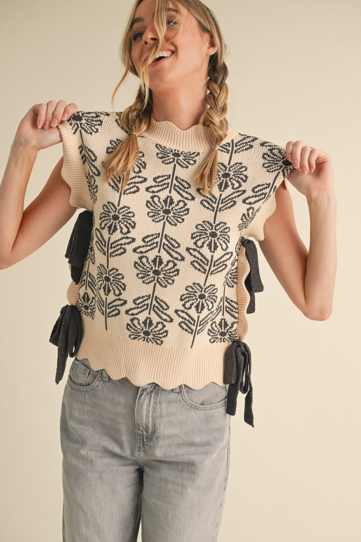 Bridgette Bow Sweater Vest in Charcoal and Cream