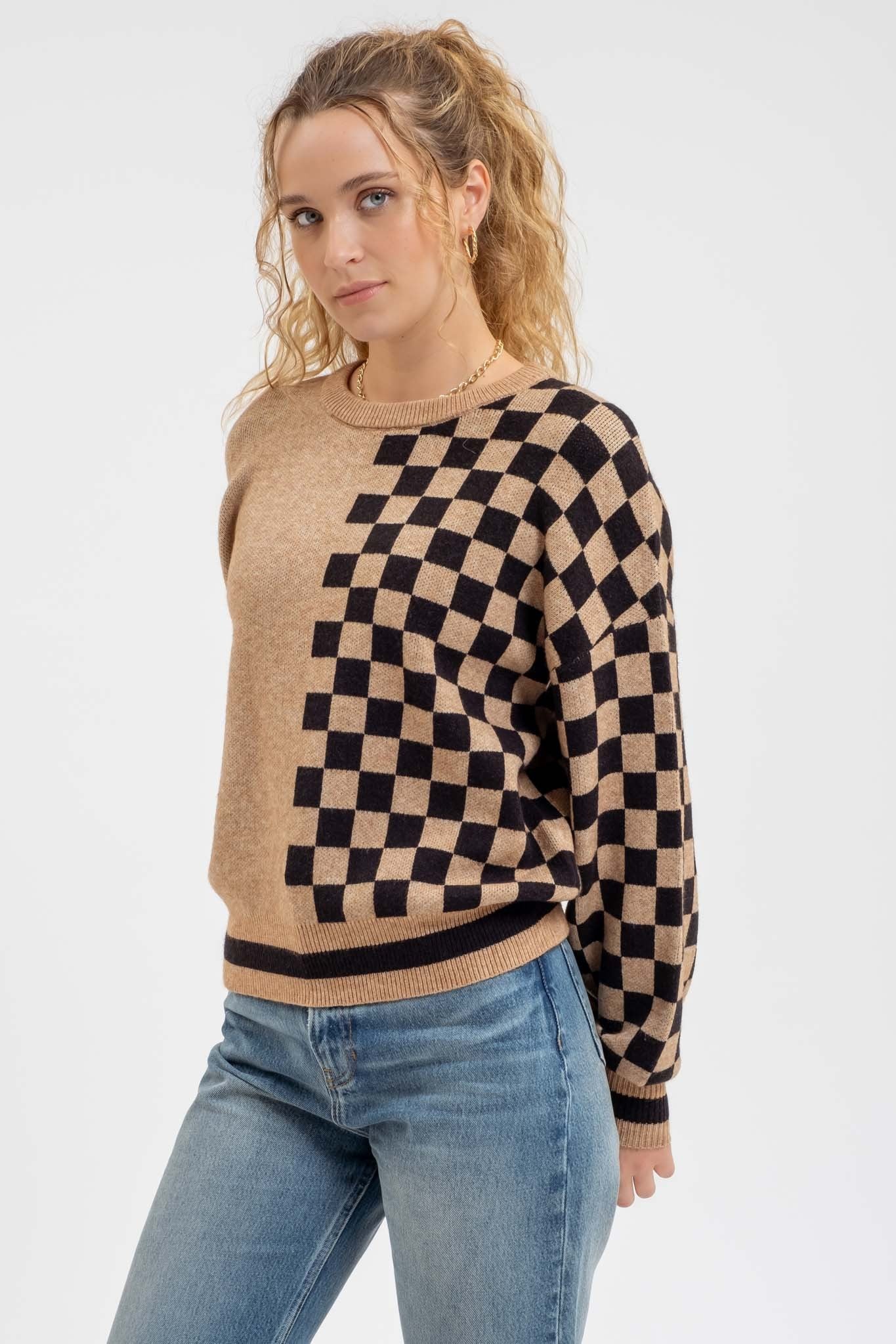 Tessa Colorblock Sweater in Mocha and Black Check