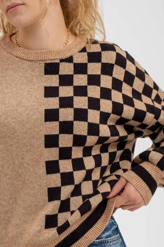 Tessa Colorblock Sweater in Mocha and Black Check