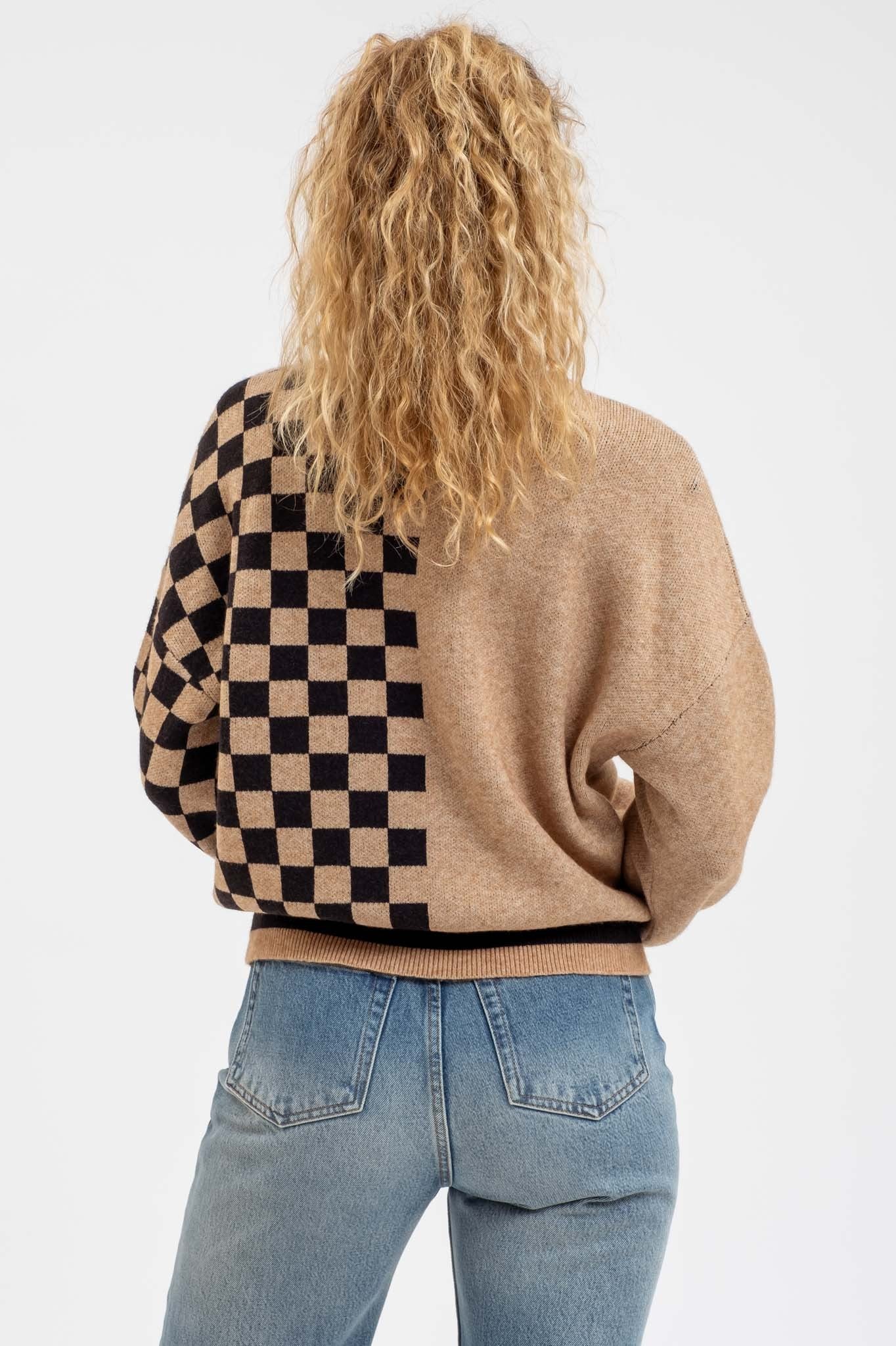 Tessa Colorblock Sweater in Mocha and Black Check