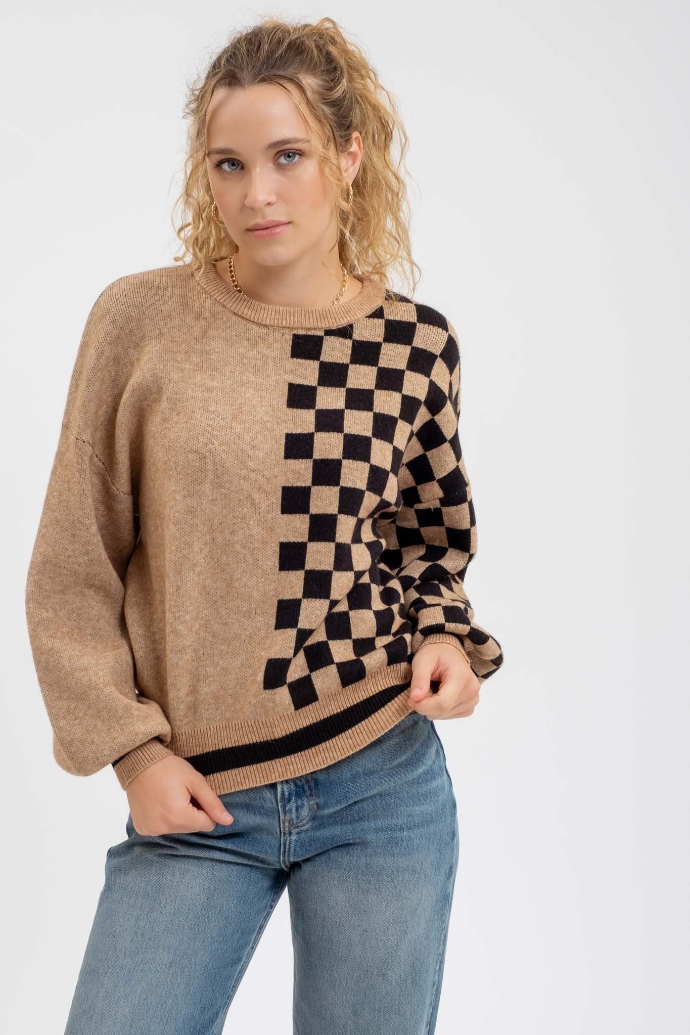 Tessa Colorblock Sweater in Mocha and Black Check