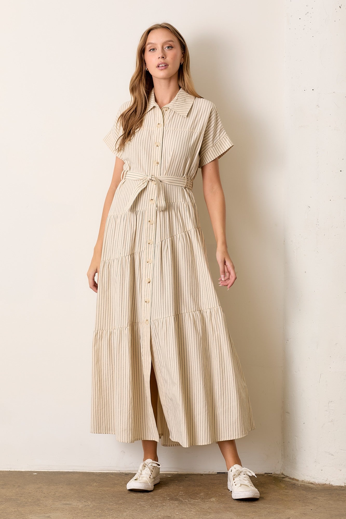 Hannah Dress in Striped Ivory