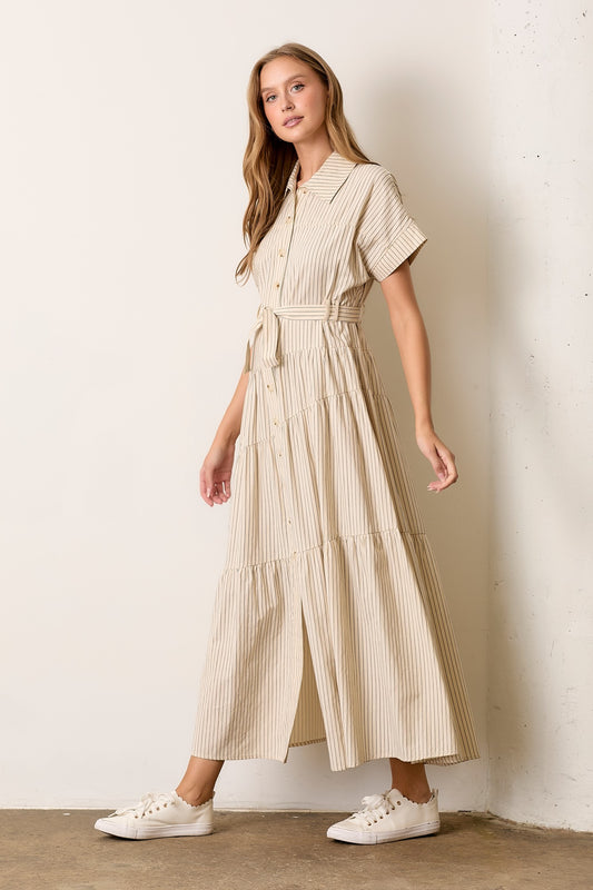 Hannah Dress in Striped Ivory