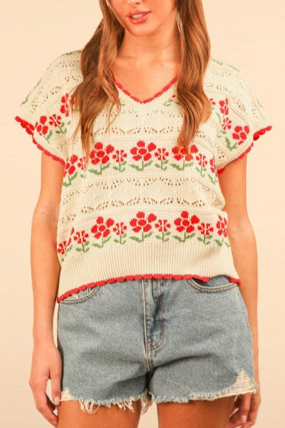 Kennedy V-Neck Floral Top in Red and Cream
