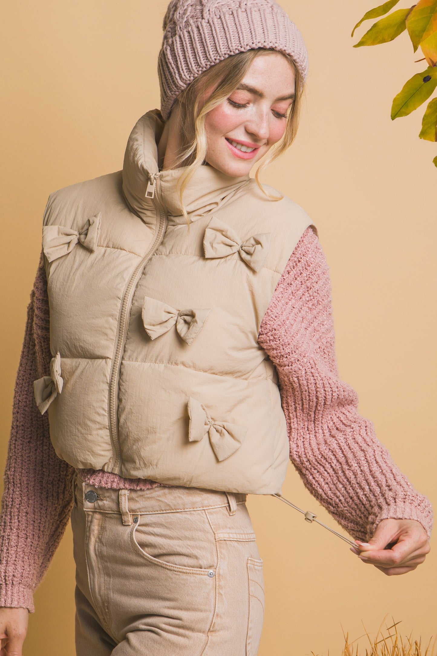 Bow Puffer Vest in Tan