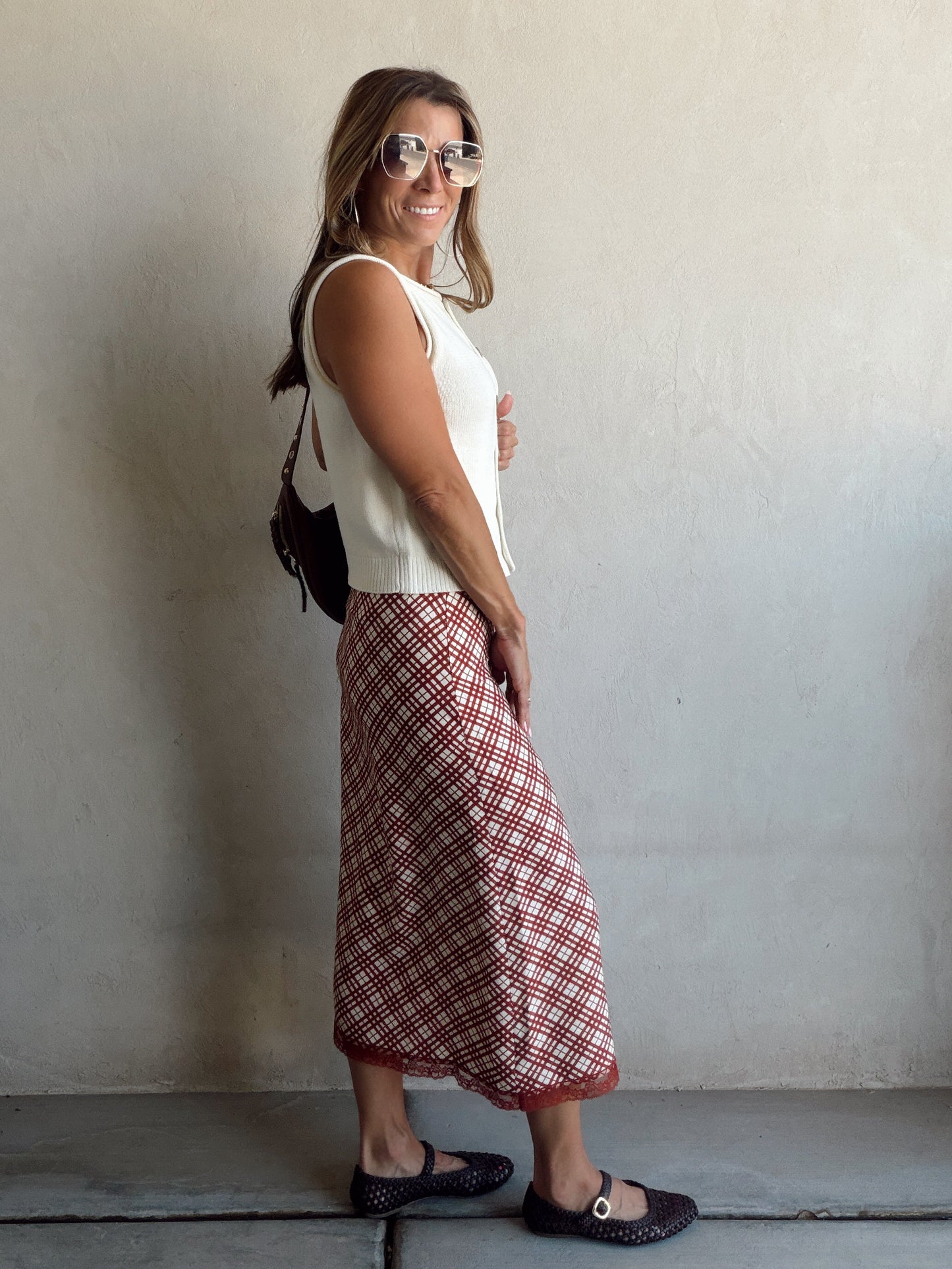 Plaid Skirt in Burgundy & Cream