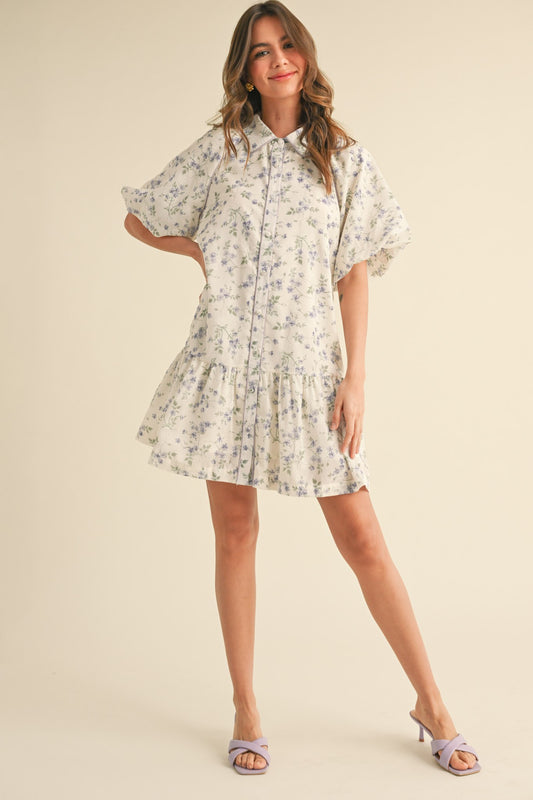 Lori Bubble Sleeve Button Down Floral Mini Dress