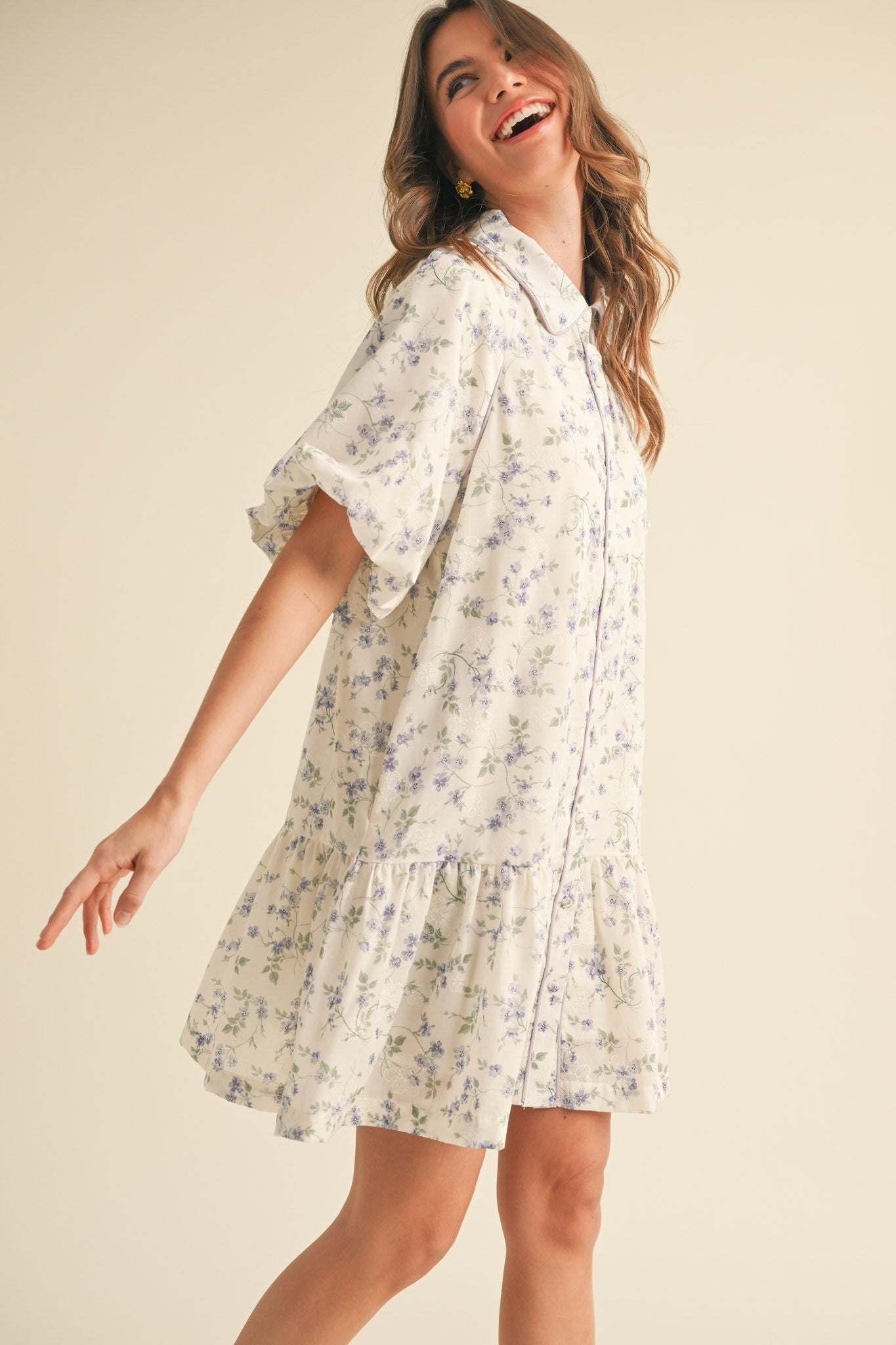 Lori Bubble Sleeve Button Down Floral Mini Dress