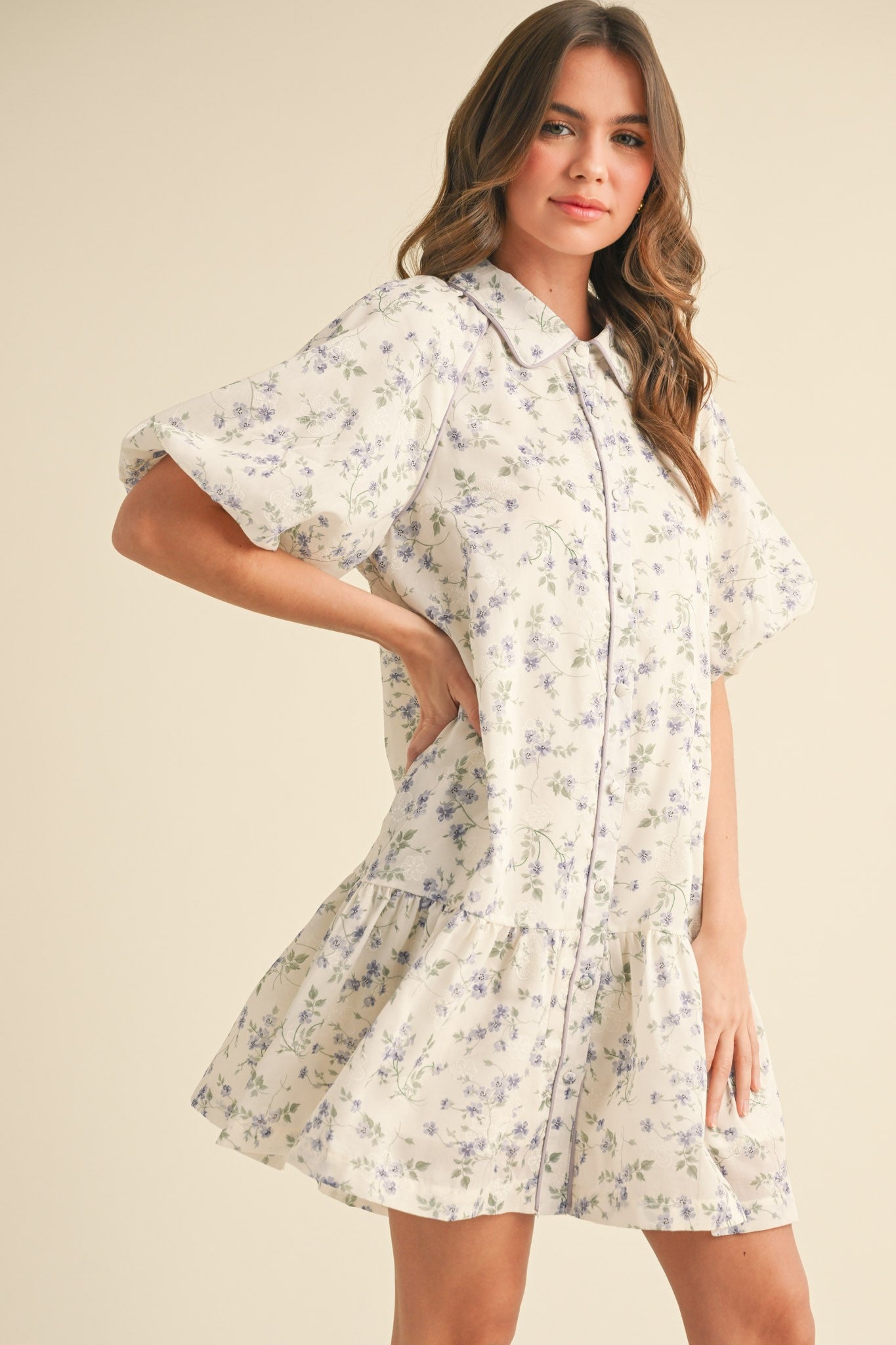 Lori Bubble Sleeve Button Down Floral Mini Dress