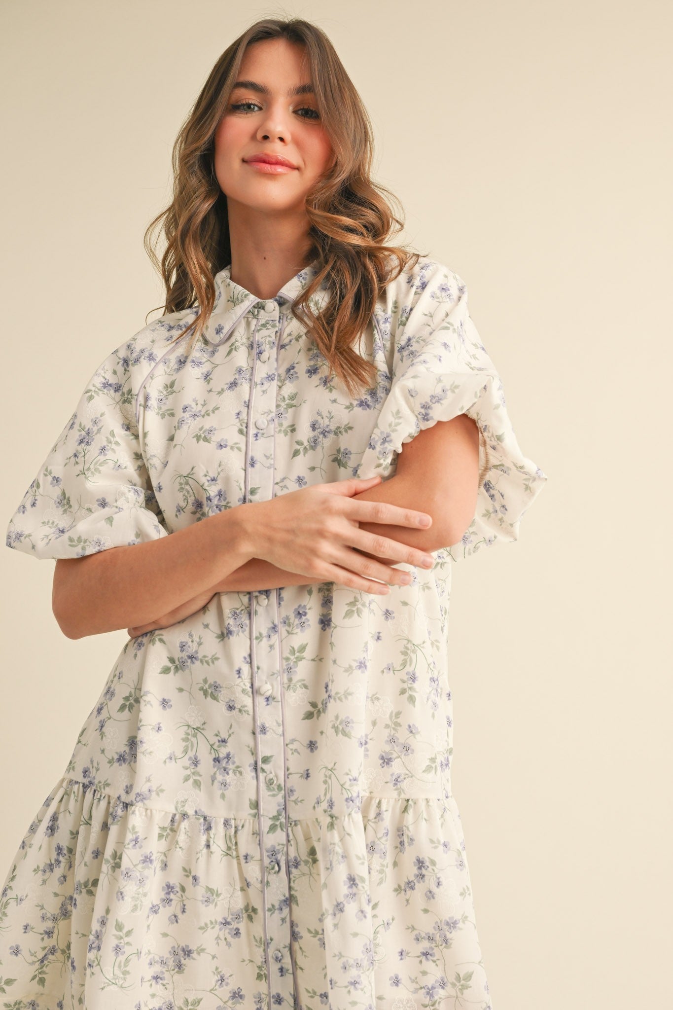 Lori Bubble Sleeve Button Down Floral Mini Dress