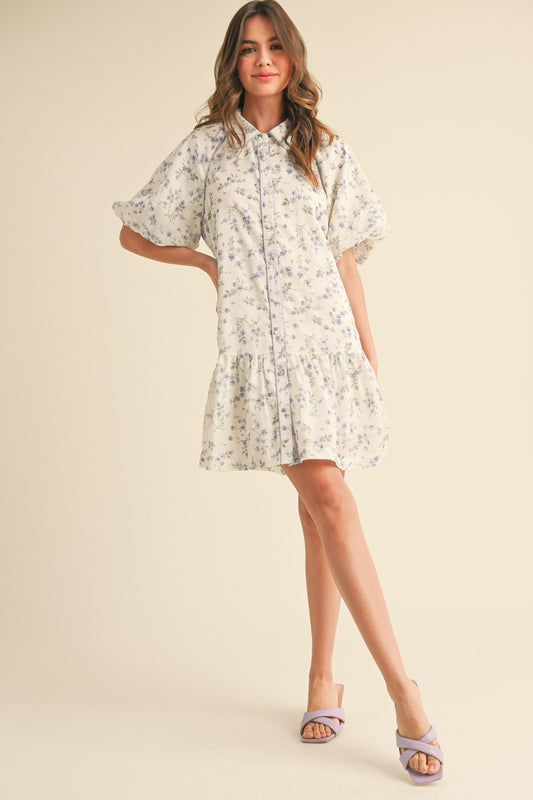 Lori Bubble Sleeve Button Down Floral Mini Dress