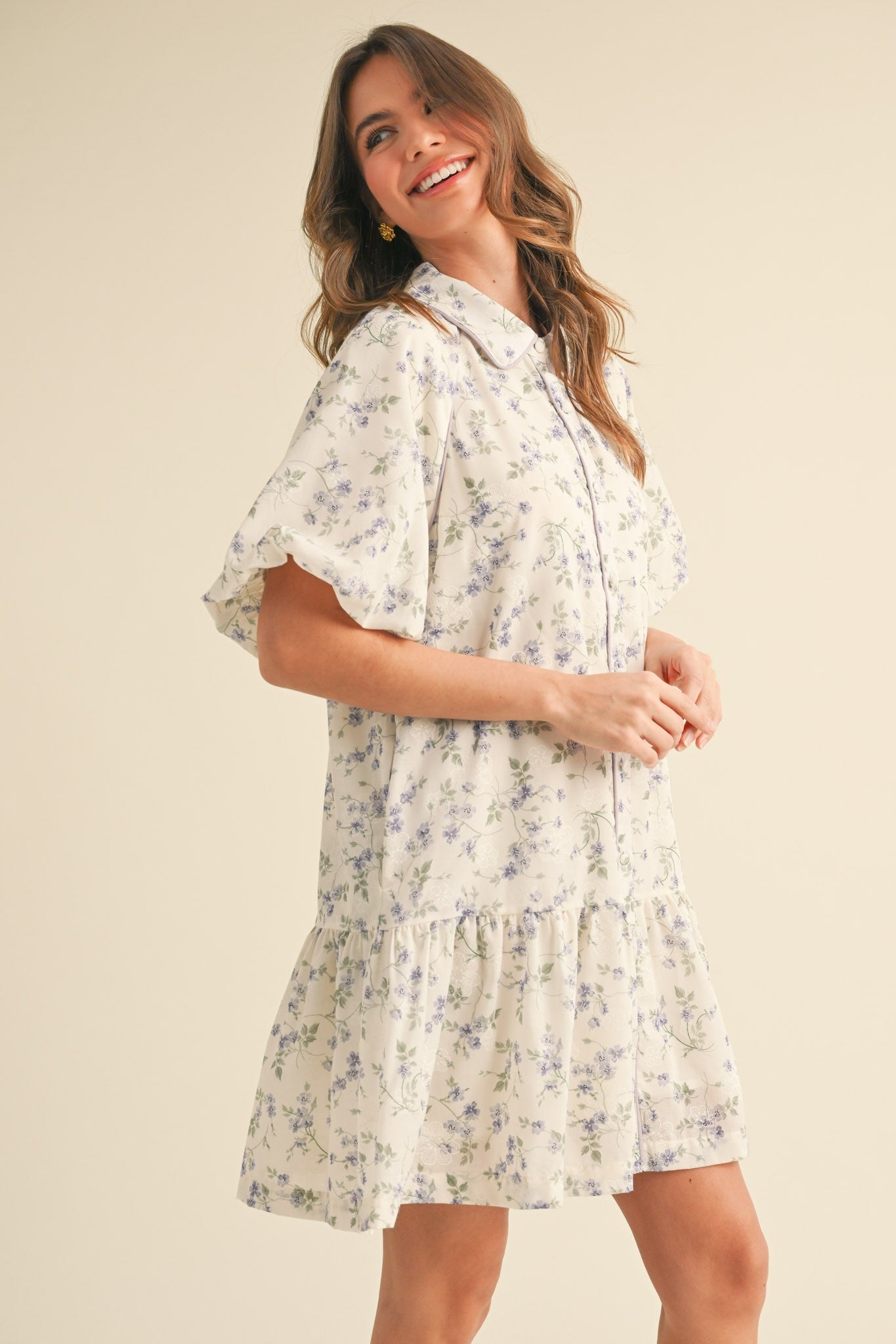 Lori Bubble Sleeve Button Down Floral Mini Dress