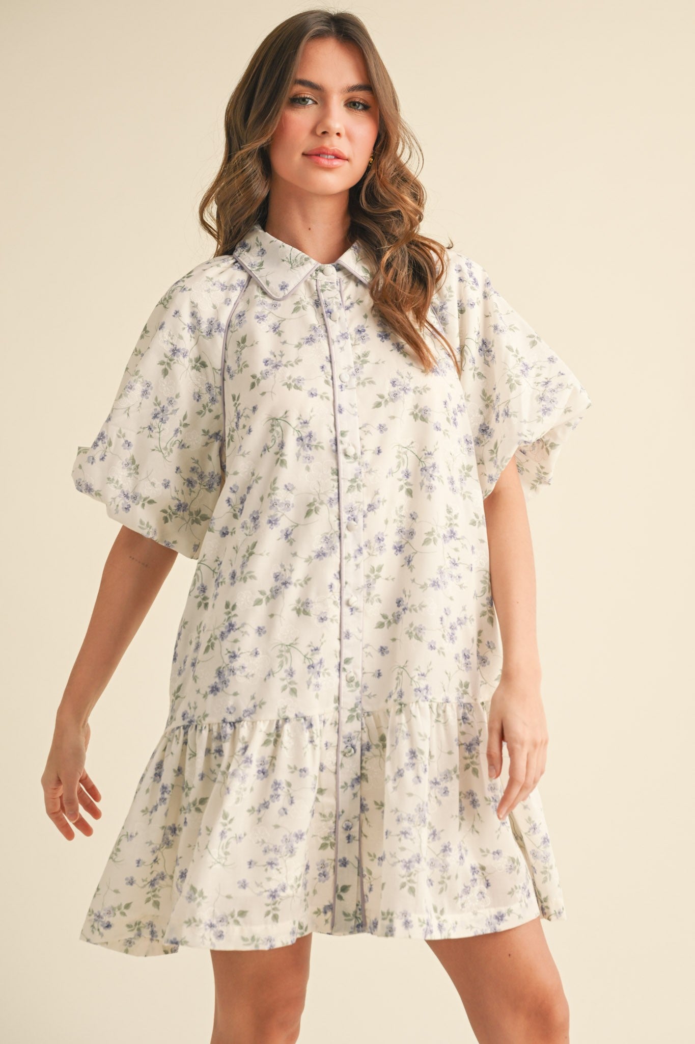 Lori Bubble Sleeve Button Down Floral Mini Dress