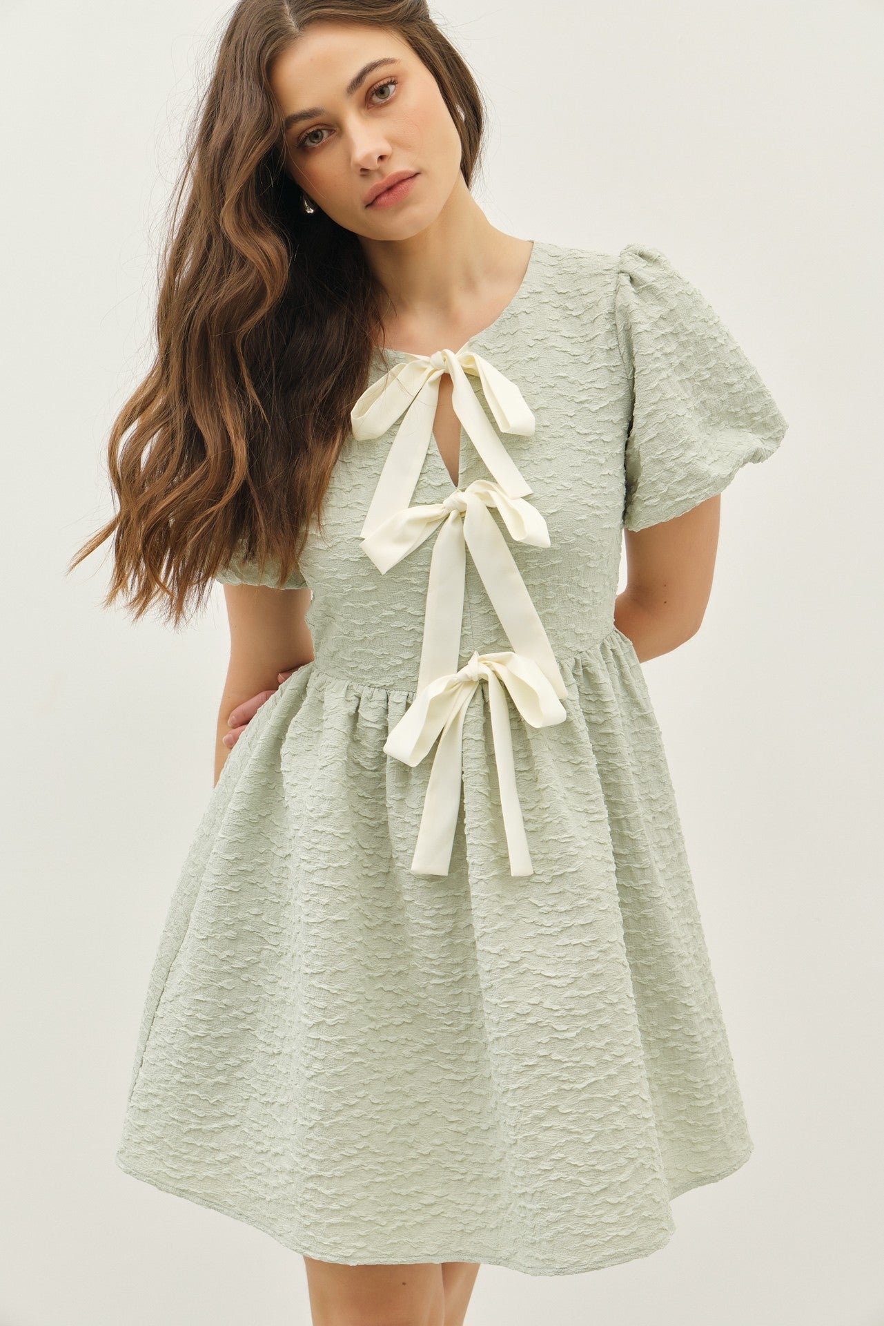 Sophie Textured Bow Dress in Mint