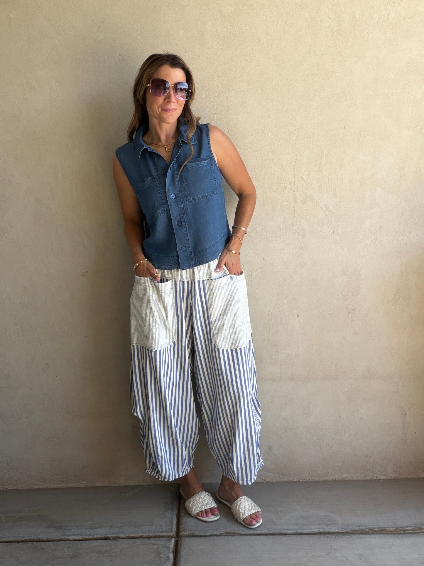Charley Striped Parachute Pants in Blue & Cream