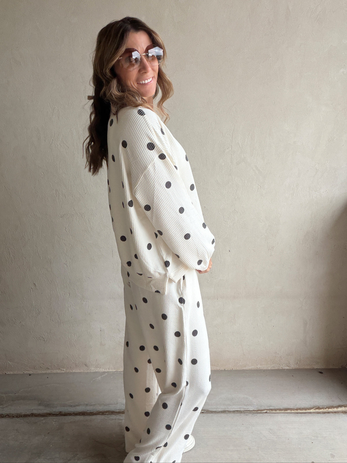 Rylee Ribbed Polka Dot Set in Ecru & Black