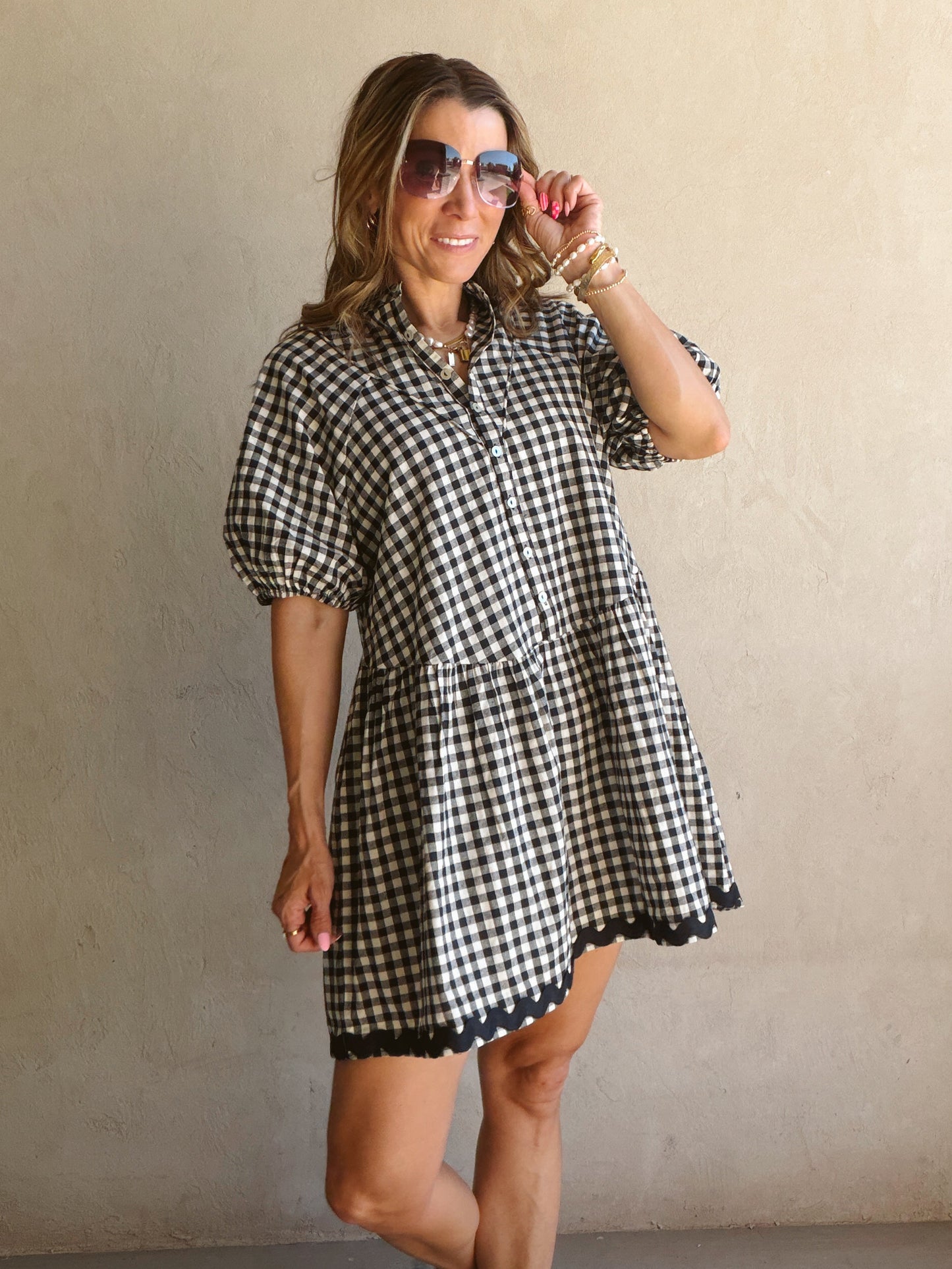 Tyra Tiered Midi Gingham Dress in Dark Navy
