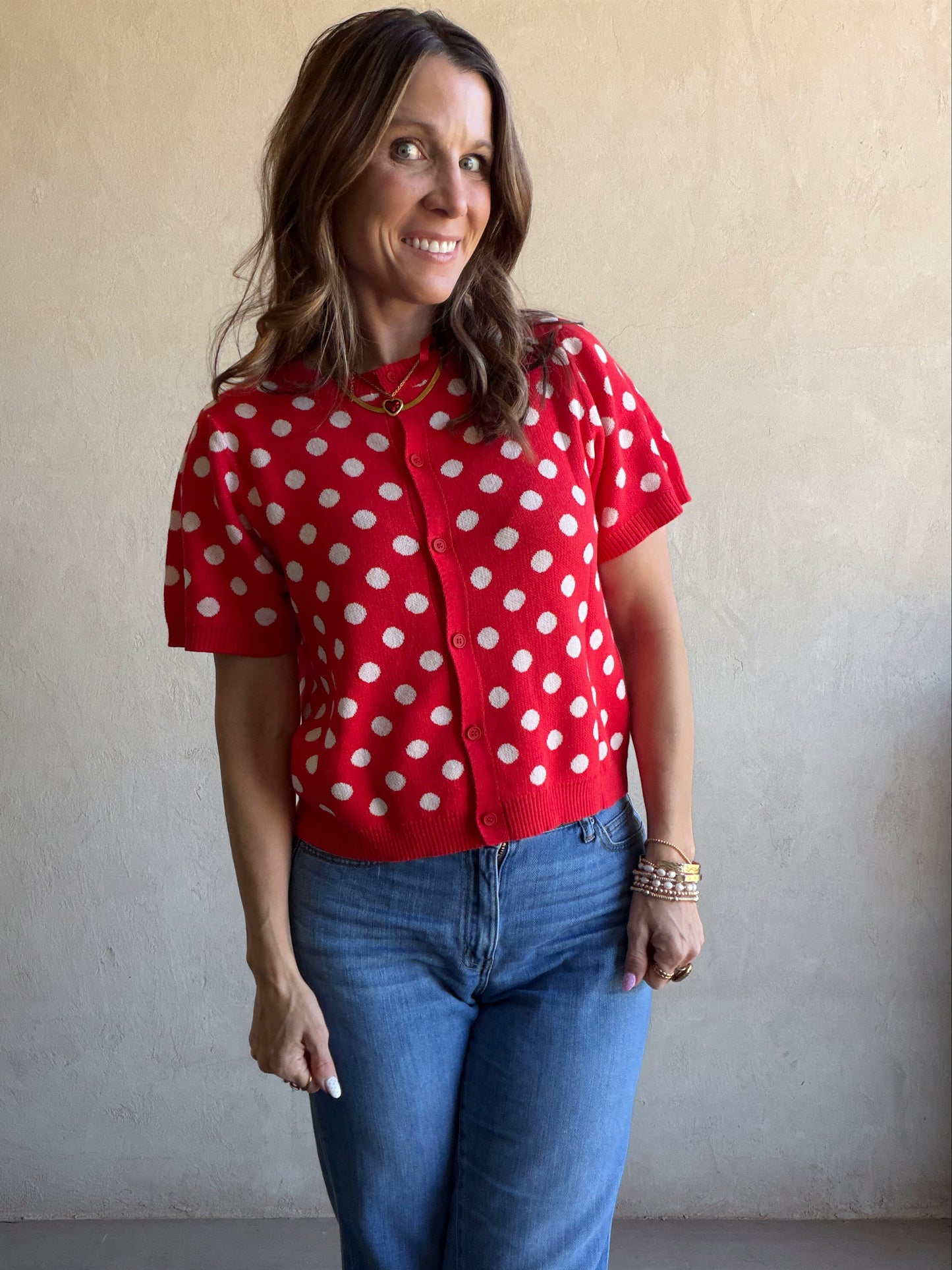 Polka Dot Cardigan in Red & Ivory