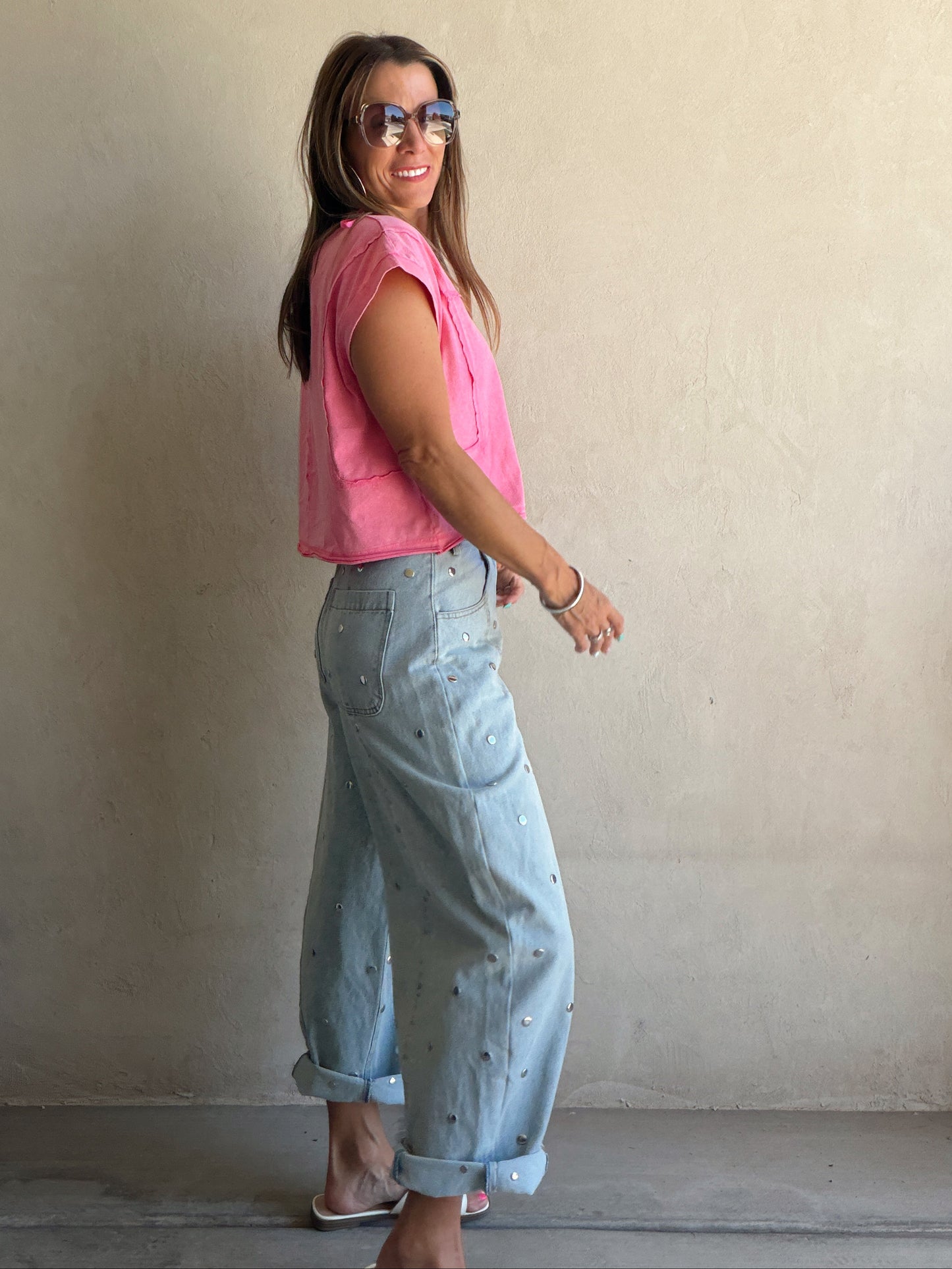 Lydia Light Wash Studded Barrel Jeans