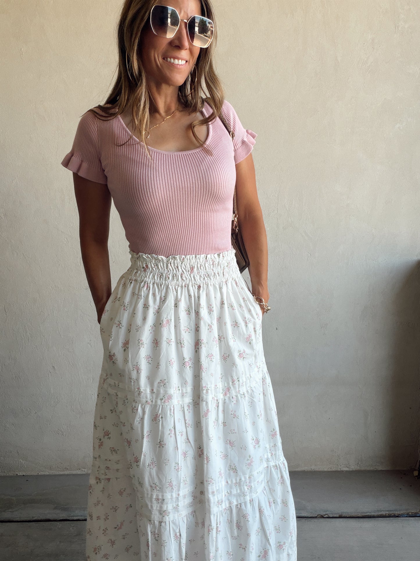 Kynlee Skirt in White & Pink & Green Floral