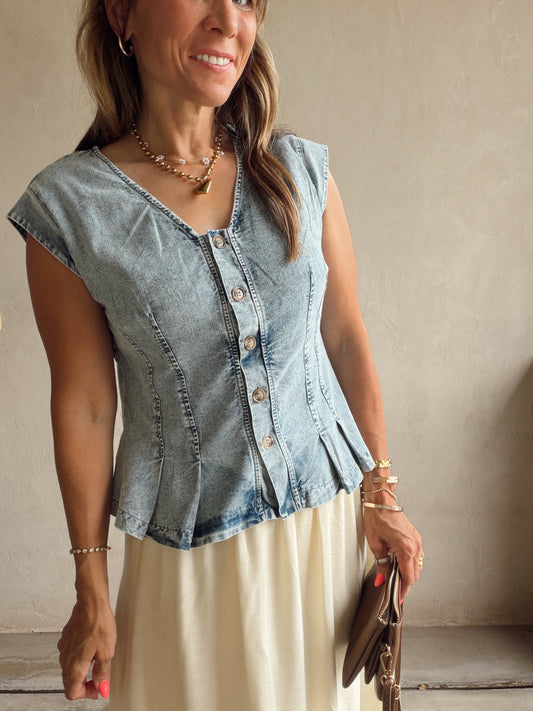 Kennedy Ruffle Top in Washed Denim