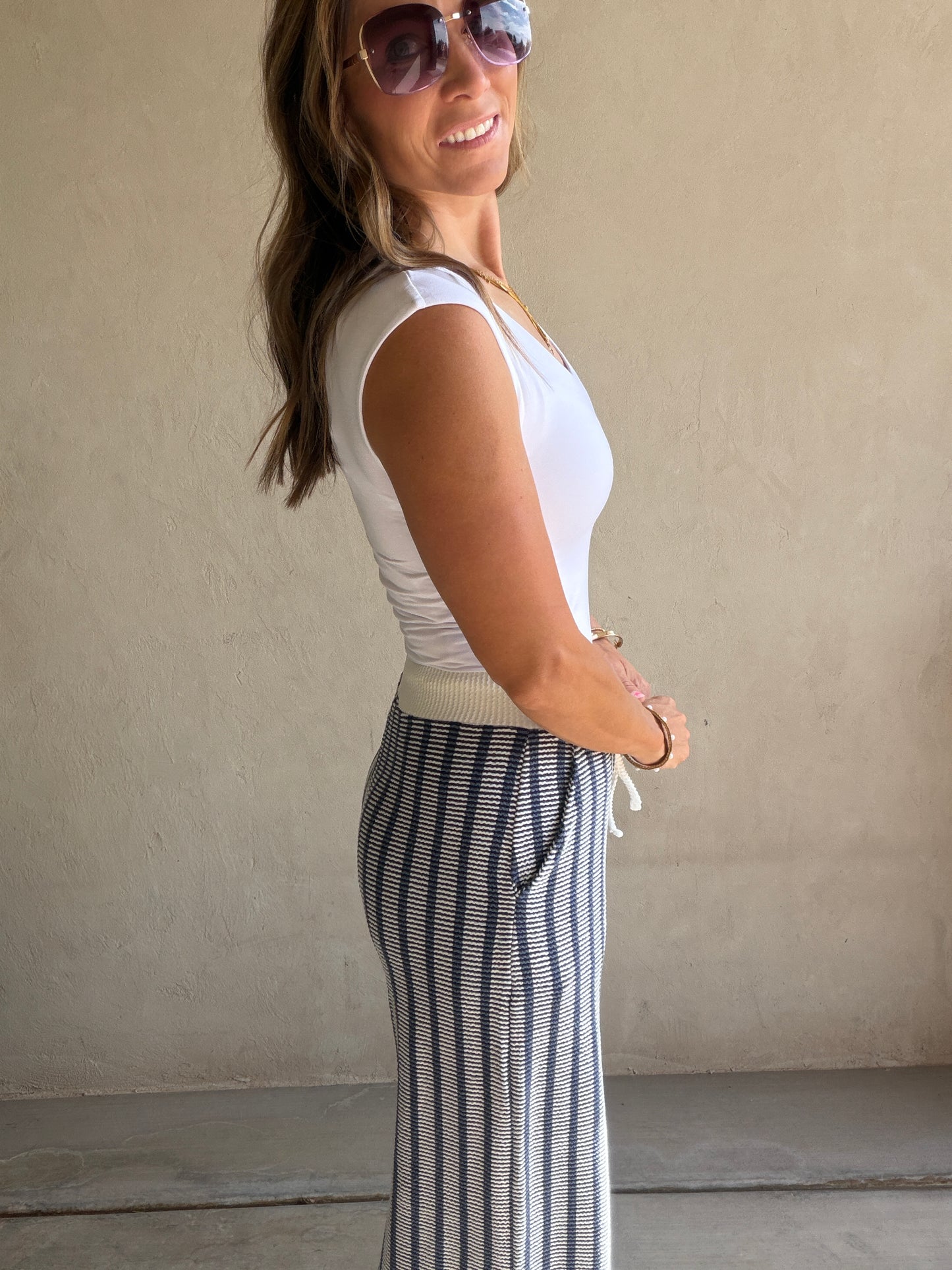 Andrea Ribbed Pants in Navy & Ivory