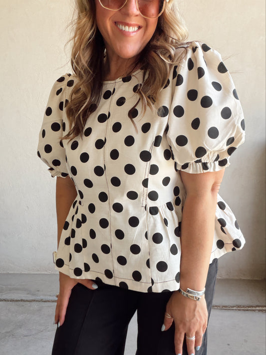 Barb Polka Dot top in Natural & Black