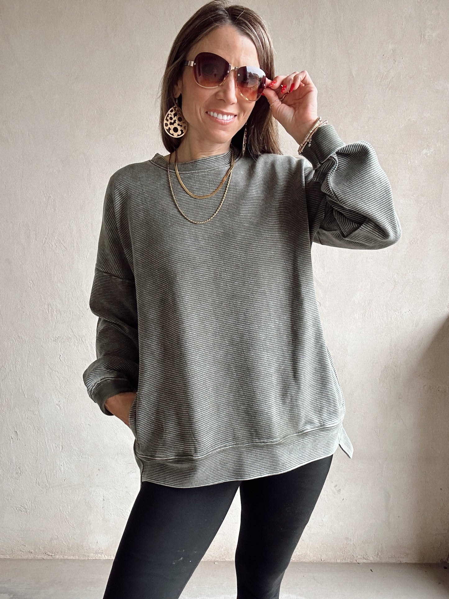 Dallas Double Ribbed Pullover in Army Green