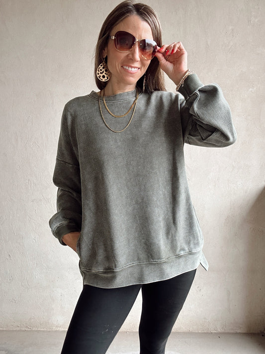 Dallas Double Ribbed Pullover in Army Green