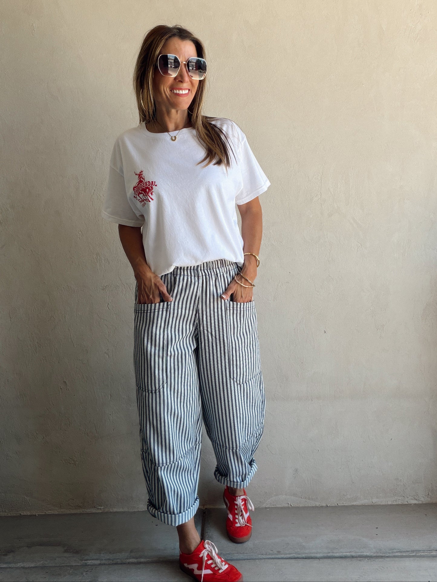 Sabrina Striped Barrel Pant in Navy
