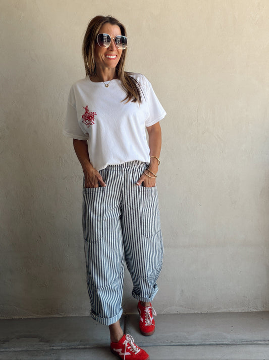Sabrina Striped Barrel Pant in Navy