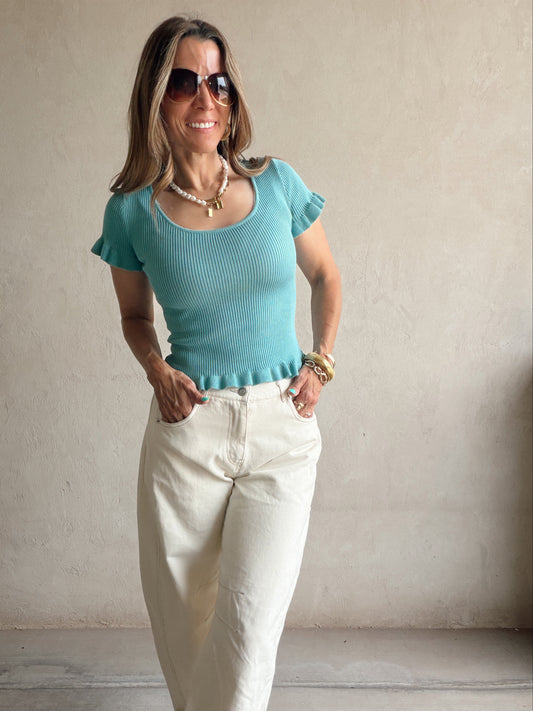 Rilee Ribbed Scoop Neck Top in Teal