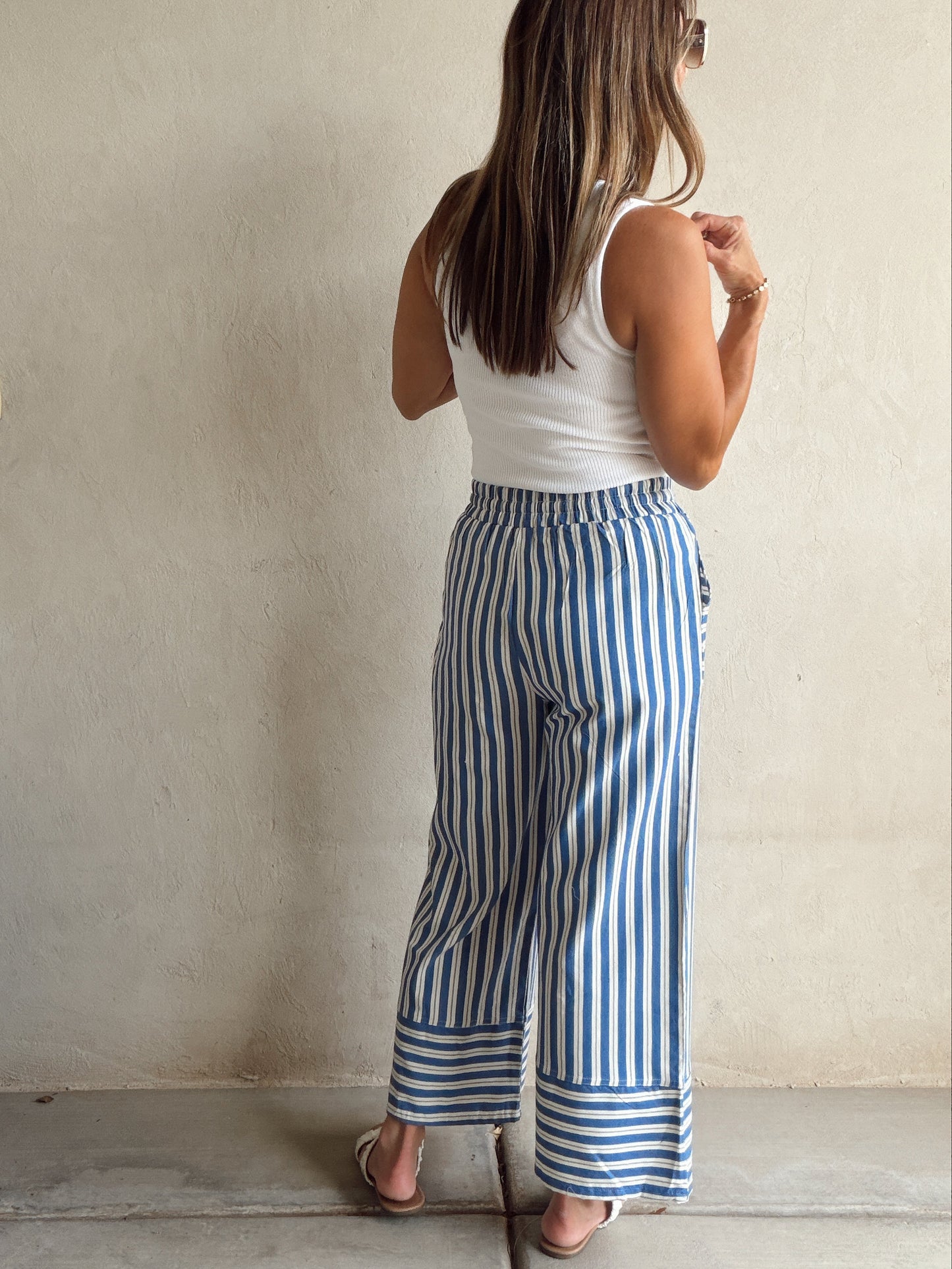 Kyla Drawstring Stripe Linen Pants in Blue & White