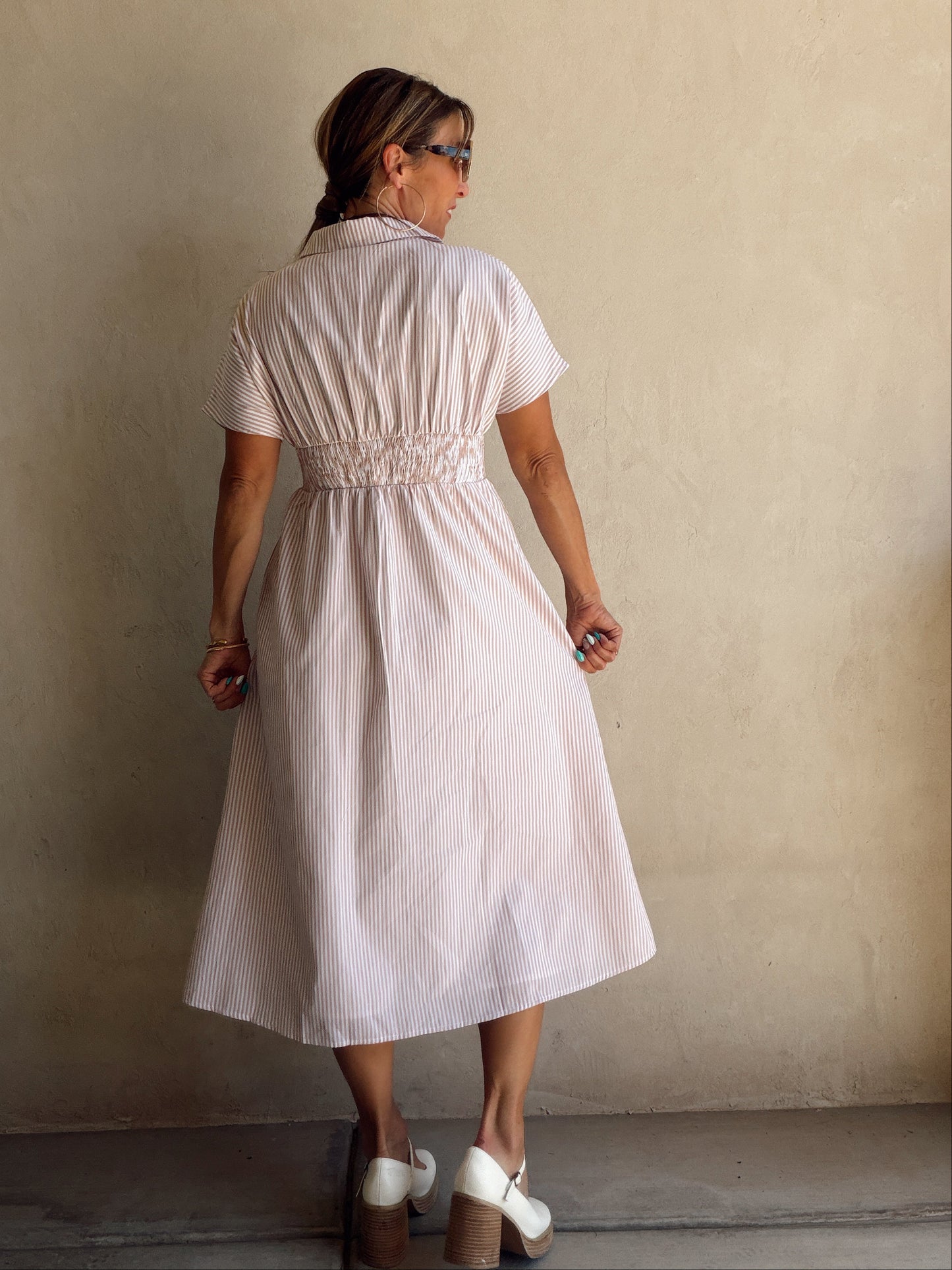 Sherri Striped Dress in Taupe & White