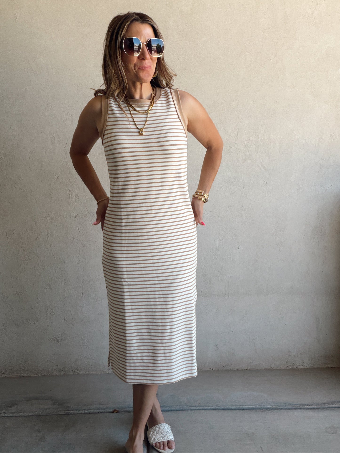 Iris Dress in Camel & Cream