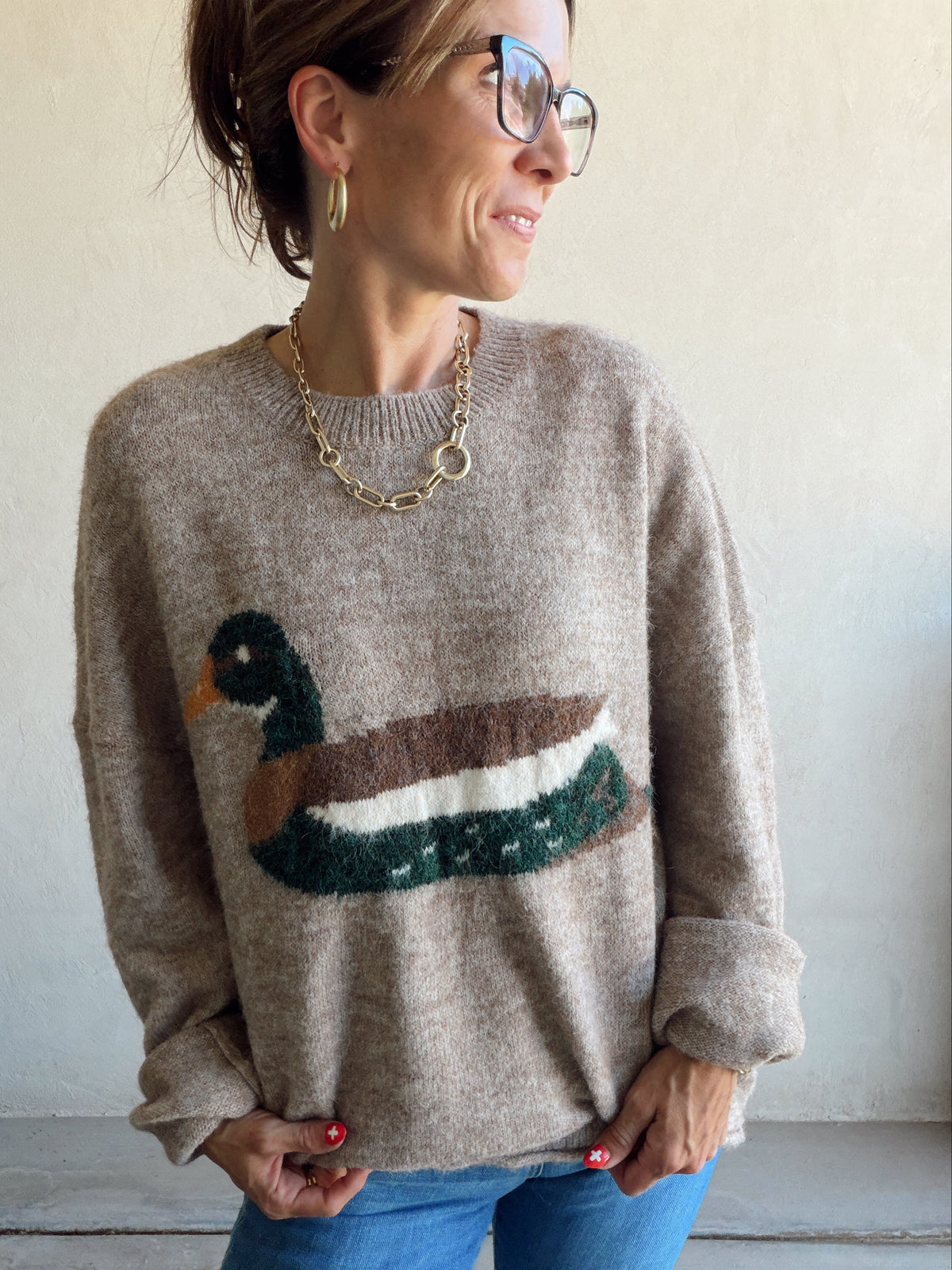 Mallory Mallard Duck Sweater in Beige